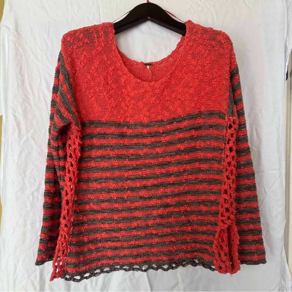 Free People Orange/Taupe Nubby Crochet Sweater size L